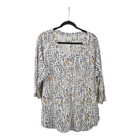 Rachel Zoe Womens 1X Top Blouse 100% Linen V-Neck 3/4 Sleeve Floral White Blue - Picture 1 of 6